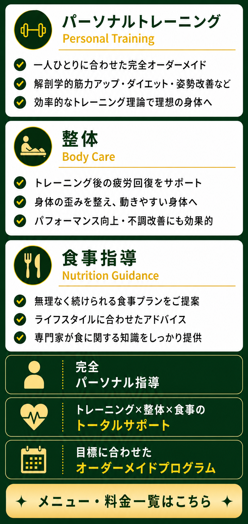 パーソナルトレーニング・整体・食事指導によるトータルサポート